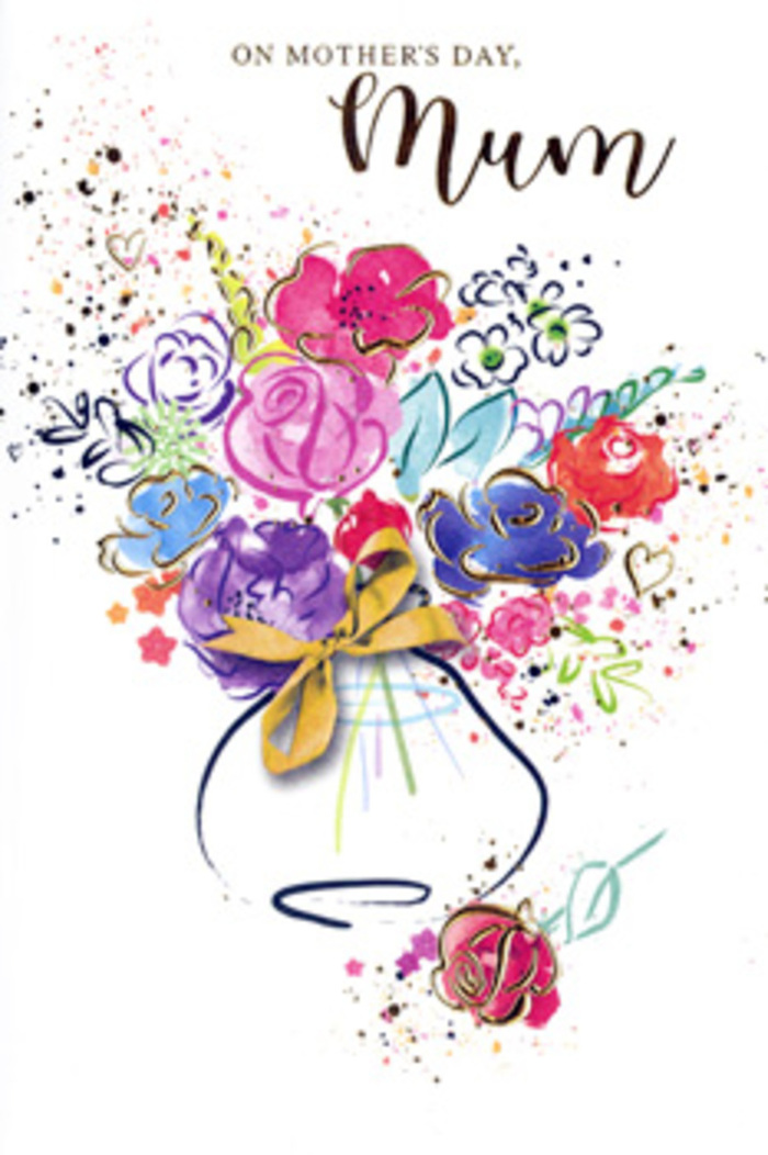 Artful Mother's Day card design showing a painterly bouquet that seems to hover in mid-bloom above a simple vase, much like a sketch you might glimpse in a Brent studio overlooking the streets around Cricklewood. Vivid pinks, cerise, and raspberry tones form the main flowers, each bloom suggested with sweeping watercolour strokes edged in deep indigo that give structure while keeping the composition light. Between these bolder forms, glimmers of lavender, misty blue, and soft apricot weave in, hinting at smaller blossoms and buds quietly filling out the arrangement, similar to the way a florist tucks in delicate stems to soften the outline of a hand-tied bunch. Subtle golden lines glide around select petals and scattered heart shapes, catching imaginary light and imitating the gentle shimmer of metallic ribbon used for Mother's Day gifts across Brent. The vase below is understated, rendered with pale washes and crowned by a carefully drawn golden bow that anchors the otherwise airy composition. Surrounding the bouquet, clusters of colourful splatters and dots break up the white space, like tiny bursts of confetti echoing family celebrations in homes from Wembley Central to Dollis Hill. There is a sense of movement and emotion in every mark, as though the bouquet is leaning forward to offer itself to someone cherished. The image communicates tenderness, joy, and gratitude, turning the card into a visual gesture of thanks for the everyday moments and lifelong devotion shown by mothers throughout the Brent community.