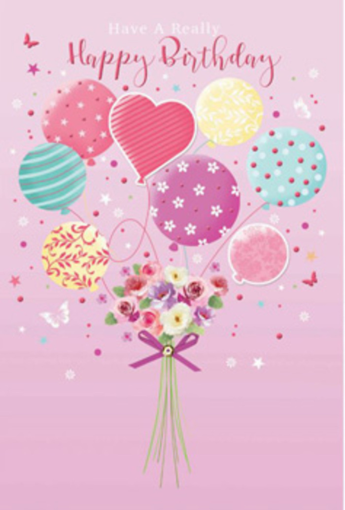 Softly romantic birthday card artwork in which pastel balloons and a petite bouquet rise together, evoking the celebratory spirit found across Brent's neighbourhoods. The entire composition rests on a warm, blush-pink background, quietly echoing the evening sky above quiet residential streets near Dollis Hill. At the top, a cluster of balloons seems to float upward, each balloon rounded, glossy, and luminous in hues of pale sunshine yellow, rosy fuchsia, lavender, and sea green. Some balloons are adorned with candy-like stripes that curve around their forms, others with playful polka dots or tiny heart and star details that add a hint of childlike delight. One central balloon subtly suggests a heart shape, hinting at love and appreciation. All of the curling ribbons streaming downward meet at a hand-tied bouquet below. This bouquet is composed of petite roses and soft, daisy-like or anemone-style flowers, their petals shaded from cream to rose and mauve, looking almost velvet to the touch. You can imagine them freshly arranged, as if just prepared in a Brent shop for same-day birthday delivery to Harlesden or Kingsbury. A sparkling purple ribbon cinches the stems in a tidy bow, catching the light to suggest a satin texture. Delicate butterflies and tiny scattered stars hover around the flowers and balloons, adding a dreamy, almost storybook quality to the design. Gentle lighting washes over the entire piece, highlighting the curves of each balloon and the folds of every petal, creating a mood of tender jubilation. The image captures that feeling of being cherished on your birthday, with balloons and blooms working together like a floating garden of good wishes.