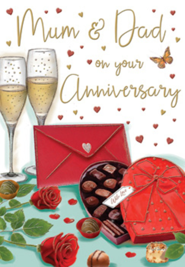 This beautifully detailed anniversary card shows a romantic arrangement that could easily sit on a dining table in Brent as twilight settles over Dollis Hill. At the forefront, two luxurious red roses rest on a smooth surface, petals curling outward in plush, velvety layers that convey both passion and tenderness. Their vivid crimson hue is enhanced by the surrounding greenery, a cascade of deep green leaves that appear fresh and full, like foliage taken straight from a florist's workbench. Nestled alongside this floral pairing is a heart-shaped box of chocolates, its rich red shell topped with an opulent ribbon bow. The satin loops and tails of the bow fan out across the lid, catching gentle highlights that suggest soft indoor lighting. The box is partially open, revealing a tidy assortment of chocolates arranged in dark little cups, inviting the viewer to imagine choosing a favourite to share. Standing just behind are two tall, elegant champagne flutes, stems slender and graceful. They are filled with golden sparkling wine, bubbles rising in tiny chains that lend movement and life to the illustration, as if a toast between Mum & Dad is about to begin. All around the central scene, gold and crimson hearts drift lightly across the background, framing the affectionate wording with a sense of joyful celebration. A scarlet envelope sits nearby, its flap sealed and sharply defined, signalling an intimate message written for the special day. With its warm tones, subtle glow and carefully balanced elements, the card conveys the feeling of an anniversary evening in Brent where roses, champagne and chocolates symbolise years of shared memories and enduring love.