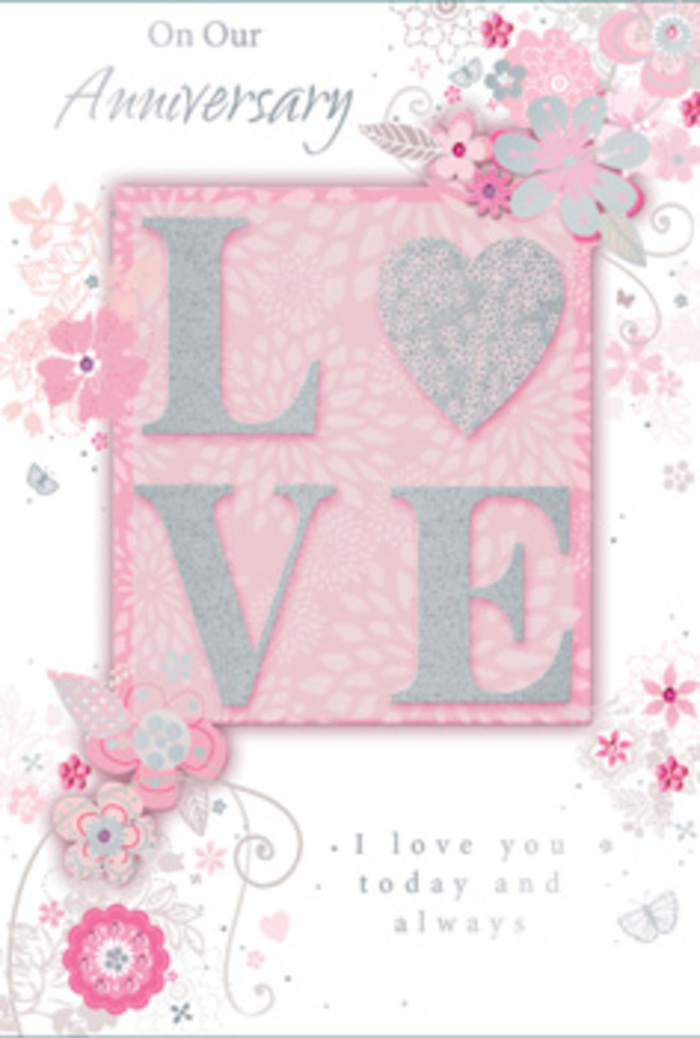 In this image, the anniversary card appears like a delicate piece of artwork, the sort of keepsake that might be treasured in a Brent home alongside photographs from years of shared celebrations. At the centre of the card, the word LOVE is prominently featured, each capital letter slightly raised to create gentle shadows that give the design depth. The tops and edges of the letters are dusted with shimmering glitter, more like a soft sheen than a loud sparkle, so they glisten subtly when the light moves across them, much like early sun reflecting on the rooftops around Wembley. This word rests atop a blush, rose-pink rectangle, lightly shaded to suggest a framed panel. Encircling and extending beyond this focal panel, intricate floral line drawings create a sense of motion and grace. The flowers are rendered with fine, flowing outlines and soft, blended washes of blush, mauve, and creamy ivory, evoking the look of a watercolour painting layered over crisp ink work. Leaves, slender stems, and curving tendrils weave in and out of the blossoms, giving the impression of a hand-composed anniversary bouquet unfurling across the paper. Tiny heart motifs and delicate scrolls are scattered among the petals, adding intimacy and visual rhythm. The background is a soft, powder-pink field, with the faintest suggestion of texture, allowing the central word and florals to stand out while maintaining a dreamy softness. An affectionate anniversary message, penned in elegant, flowing script, adds a personal note of devotion, echoing the sentiment of loving someone today, tomorrow, and always. Altogether, the card feels like the paper counterpart to a romantic arrangement delivered across Brent-from quiet streets in Dollis Hill to bustling corners near Neasden-capturing enduring love in both form and feeling.