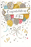 The congratulations card shown here exudes a softly joyful energy, like walking into a Brent living room just as relatives finish applauding good news. At the centre, a cluster of balloons rises gracefully, gathered with the harmony of a hand-tied bouquet. The balloons are shaded in a balanced mix of warm gold, gleaming silver, champagne cream, gentle sky blue, rosy blush pink, and soothing grey. Each balloon carries its own delicate decoration: glitter-trimmed stripes that elongate the forms, tiny star motifs scattered across the surfaces, and light dustings of sparkle that suggest subtle texture where the light catches. Slim, curling strings in gold and silver gather together beneath the cluster, their lines looping elegantly like the finishing ribbons knotted by an expert florist before delivering flowers across Harrow Road, Dollis Hill, or Sudbury. The background is soft and uncluttered in tone, yet animated with floating confetti dots, swirling ribbons, and little metallic stars that appear to spin slowly around the balloon bouquet, giving a sense of movement without chaos. Across the centre of the card, a ribbon-style banner runs horizontally, bearing the words Congratulations To You written in flowing, classic script that feels friendly but poised. The overall aesthetic is modern yet timeless, sparkling without being brash, making it perfect for celebrating a first job, university acceptance, or a housewarming in Brent. It's easy to imagine the card propped up on a mantelpiece beside a fresh arrangement, where the glint of its metallic details can catch the light from a nearby window and quietly echo the ongoing pride and happiness of the occasion.