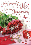 The artwork on this anniversary card feels like peeking into a couple's private celebration in Brent, arranged with the same care you might find in a thoughtfully decorated living room near Kilburn or Queensbury. At its centre, a group of crimson roses draws the eye, each bloom full and lush, with velvety petals forming intricate swirls that speak of romance and dedication. Subtle sprigs of greenery soften the edges of the bouquet, adding a natural freshness reminiscent of a hand-tied arrangement just delivered from a nearby florist. Nestled around the flowers are meaningful touches: a deep red jewellery box adorned with ribbon, a delicate necklace shaped into intertwined hearts, and an inviting envelope angled as though it holds a cherished message waiting to be read aloud. Glittering heart accents are dotted across the surface, while a stream of tiny red hearts trails around the card's flowing script, reminiscent of confetti from a quiet celebration at home. The lettering is elegant and fluid, almost as if penned in the moment, weaving between the decorative hearts and enhancing the feeling of intimacy. Soft, warm lighting bathes the entire composition, highlighting the glossy curves of the jewellery box, the fine shine of metal, and the plush texture of the rose petals. The scene captures the emotional essence of an anniversary: warmth, gratitude, and a gentle promise of more years together. Like an artful bouquet arranged by Brent Florist, every element is carefully balanced, creating an impression of enduring love and the small, beautiful rituals that keep it alive.