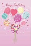 Charming birthday illustration showing a bouquet of pastel balloons and flowers lifting the mood as if over the parks and terraces of Brent. The image is set on a smooth, soft pink backdrop that lets the festive details shine, much like a quiet side street off Willesden Green framing a lively storefront. At the centre, a cheerful cluster of balloons rises upward, their colours a gentle blend of blush pink, mint green, lemon yellow, and lavender. Each balloon bears its own decorative style-twisting candy-coloured stripes, clusters of playful polka dots, tiny stars, and whimsical swirls. A heart-shaped balloon stands out near the middle, symbolising affection and making the design especially suited to a beloved friend or family member. Thin ribbons drift from the balloons and gather neatly at the top of a small, hand-tied bouquet. This bouquet brims with delicate roses and anemone-like blossoms in creamy ivory, soft blush, and muted mauve, the petals shown with layered, feathery textures that suggest freshness and care. The stems are bound with a violet satin bow, neatly tied and slightly glimmering, as if catching soft indoor light in a Brent Florist studio. Around the arrangement, miniature butterfly illustrations and tiny star shapes float, giving the impression of gentle motion and fairy-tale magic. The lighting across the scene is even and tender, illuminating each curve and petal so that the entire composition feels airy, sweet, and joyfully festive-a visual echo of a warm birthday greeting travelling across Brent with the promise of flowers and smiles.