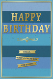 This image presents a thoughtfully designed birthday card whose blue and gold details feel as calm and welcoming as a stroll through a leafy Brent neighbourhood. The background is made up of broad, even stripes of blue running horizontally from edge to edge, each band gently shifting in shade from a deep, inky navy at the top through soft teal and ocean hues to a lighter, open sky blue near the bottom. Set proudly across the middle is the greeting HAPPY BIRTHDAY, embossed in large, metallic gold capitals that stand out cleanly against the cooler tones. The foiled letters catch ambient light so they shine with a gentle, warm glow, like sunlight slipping through clouds over nearby parks. Just below this main greeting sits a slender golden flourish, a scrolling decorative line that lends the card a touch of traditional elegance without cluttering the design. Underneath the flourish, three slim gold banners sit one beneath another, each ribbon embossed with part of a relaxed, friendly message that together encourages the recipient to Relax, have a great day and enjoy! A narrow gold border encloses the design, framing the blues and giving the card a sense of neat completion. The overall finish appears smooth and matte in the blue areas, contrasted by the shiny, raised gold elements that would feel slightly embossed under the fingers. This is the kind of card you might place alongside a hand-arranged bouquet from Brent Florist on a birthday breakfast table, its soothing colour palette and gentle words turning a simple greeting into a quietly memorable moment of warmth and celebration.
