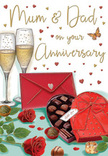 The illustrated anniversary card presents a warm, romantic tableau, reminiscent of a special celebration in a Brent home tucked between Queensbury and Kingsbury. In the heart of the image, two velvety red roses lie gracefully on a tabletop, their petals layered in soft spirals that give each bloom a full, generous shape, like flowers freshly prepared by Brent Florist for a milestone occasion. The roses are cradled by rich green foliage, leaves overlapping in a natural, loosely gathered style that enhances the sense of freshness. Nearby, an open heart-shaped chocolate box becomes a focal point of indulgence. Its deep red casing is adorned with a large satin bow, loops and trailing ends arranged in elegant curves. The open lid reveals rows of chocolates nestled inside, each one individually cupped, suggesting thoughtful sharing and slow enjoyment. Just behind, a pair of slim champagne flutes stand close together, filled with pale, golden fizz that seems to glow from within. Delicate bubbles rise continuously, evoking the sound of a gentle clink as an anniversary toast is raised. Soft gold and crimson hearts float across the backdrop in a playful pattern that encircles the hand-lettered Mum & Dad message, reinforcing the family focus of the celebration. To the side, a vivid scarlet envelope lies sealed, its pointed flap neat and tidy, hinting at heartfelt words penned for the occasion. The combination of deep red, warm gold and lush green, paired with the cosy, intimate atmosphere of the illustration, creates a feeling of gratitude and lasting affection, perfect for honouring parents' enduring love in Brent.
